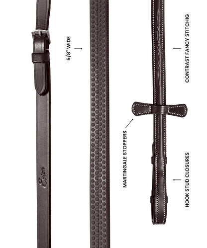 Exion 5/8" (16mm) Designer Stitched Raised Leather Rubber Reins | Premium Grip English Horse Reins with Hook Studs