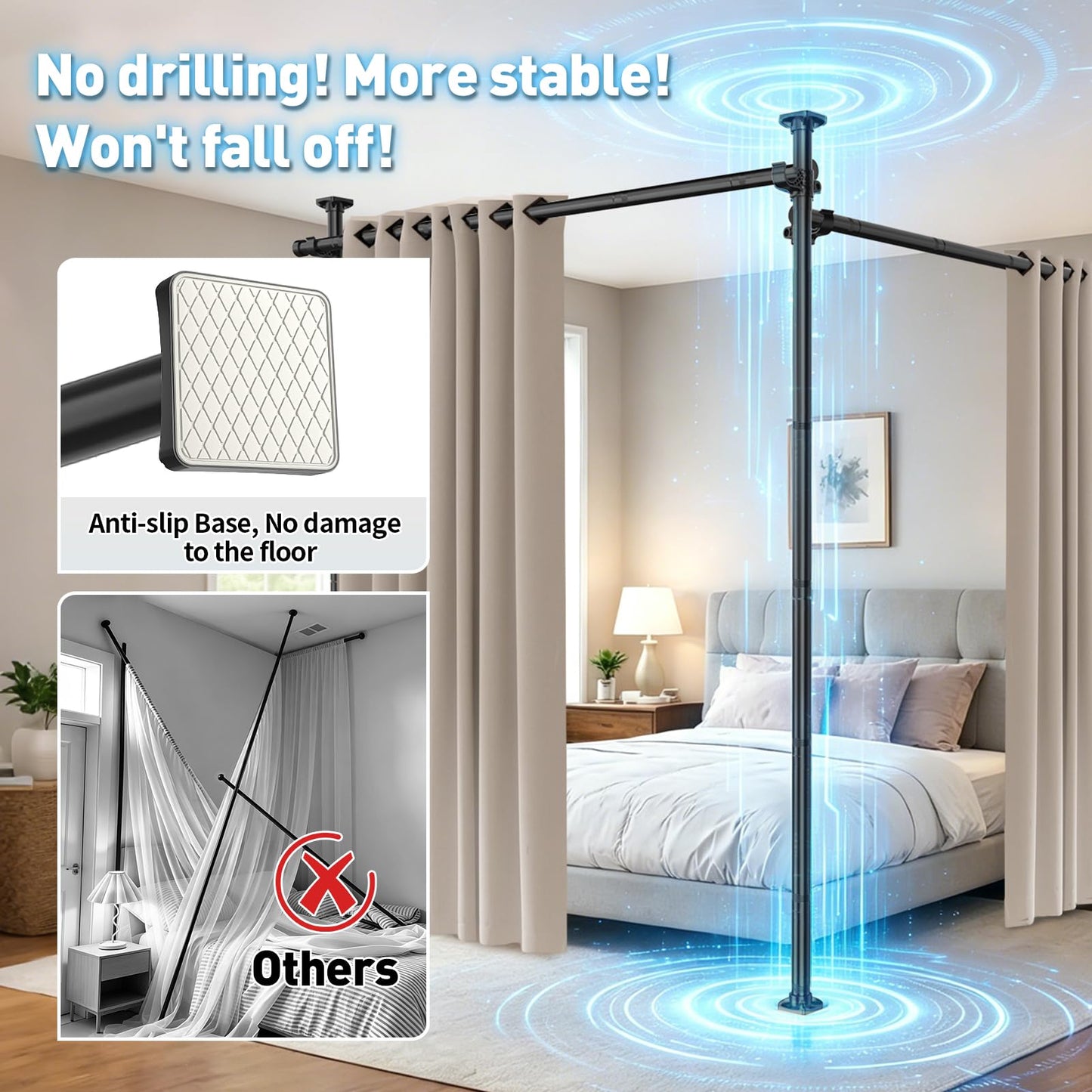 SUNALLY Room Divider Tension Curtain Rod, No Drilling Room Separator for Space Partition, 4-10ft(H) 32-200inch(W) Adjustable Heavy Duty Temporary Wall Divider Floor to Ceiling Tension Rod, Black