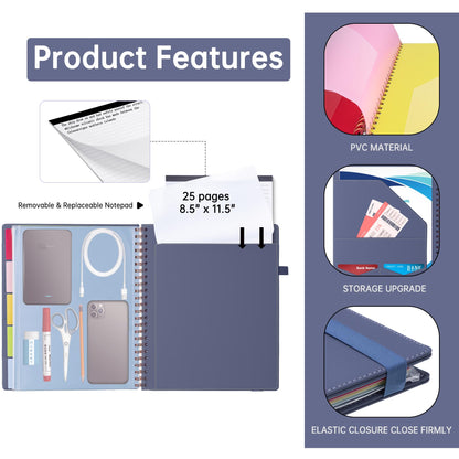 HAUTOCO Spiral Leather Clipboard Folio with Notepad (8.5 x 11''), 5 Folders with 10 Pockets, Storage Zipper Pouch, Pen Loop, 39 Stickers, Padfolio Organizer for Work School, Purple Gray