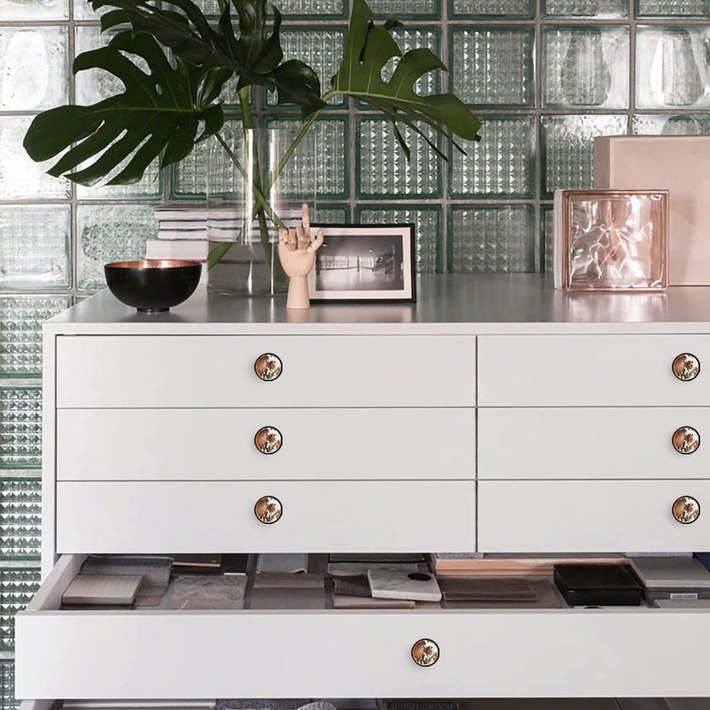 Elohiym 6 Pack Black Drawer Pulls Knobs, Red and White Cowhide Cabinet Knobs Crystal Glass Dresser Knobs for Kitchen Bathroom Hardware