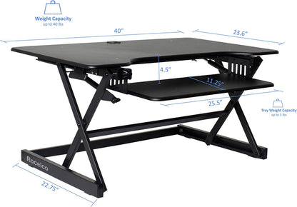 Rocelco 40" Large Height Adjustable Standing Desk Converter - Quick Sit Stand Up Dual Monitor Riser - Gas Spring Assist Computer Workstation - Retractable Keyboard Tray - Black (R DADRB-40)