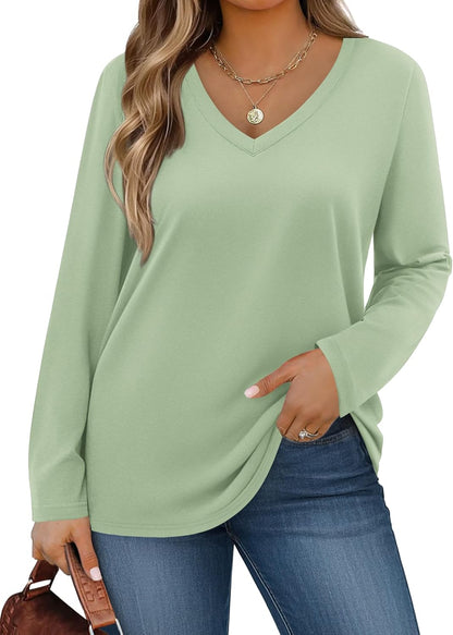 IN'VOLAND Womens Plus Size Long Sleeve Shirts V Neck Basic Tee Tops Loose Fit Fall Outfits for Women 1X-5X