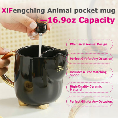 Christmas mugs Ceramic Cat Mug with Tea bag– 17oz Unique Coffee Cup with kitty Expression Design, Fun Gift for Women, Girls, Kids, Cat Lovers (BLACK)