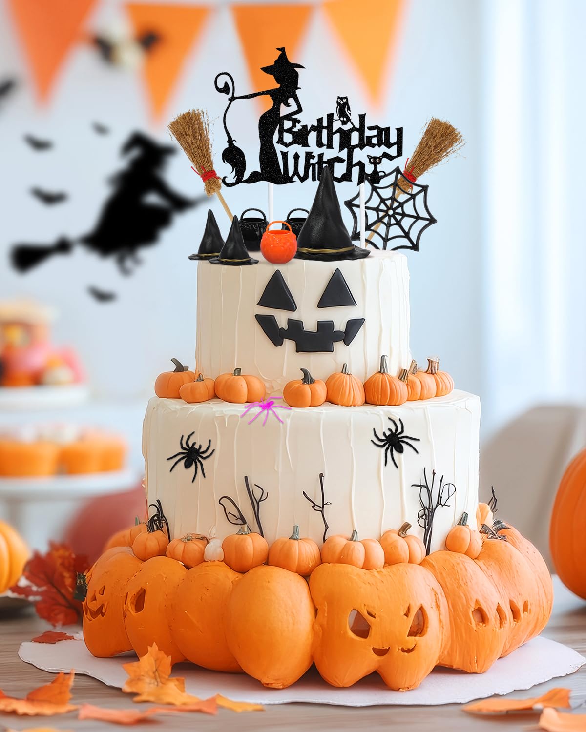 Liobelon 13 Pieces Birthday Witch Cake Topper, Gothic Theme Birthday Party Decoration, Scary Spider Web Witch Bucket Broom Spiders Cake Decorations for Girl Women