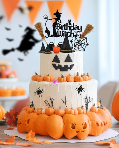 Liobelon 13 Pieces Birthday Witch Cake Topper, Gothic Theme Birthday Party Decoration, Scary Spider Web Witch Bucket Broom Spiders Cake Decorations for Girl Women