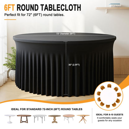 4 Pack 132 Inch Black Round Tablecloth, Fitted Tablecloths for 6FT Round Tables, Spandex Table Cover with Table Skirt for Wedding Photography Party Professional Events Halloween Decoration Indoor