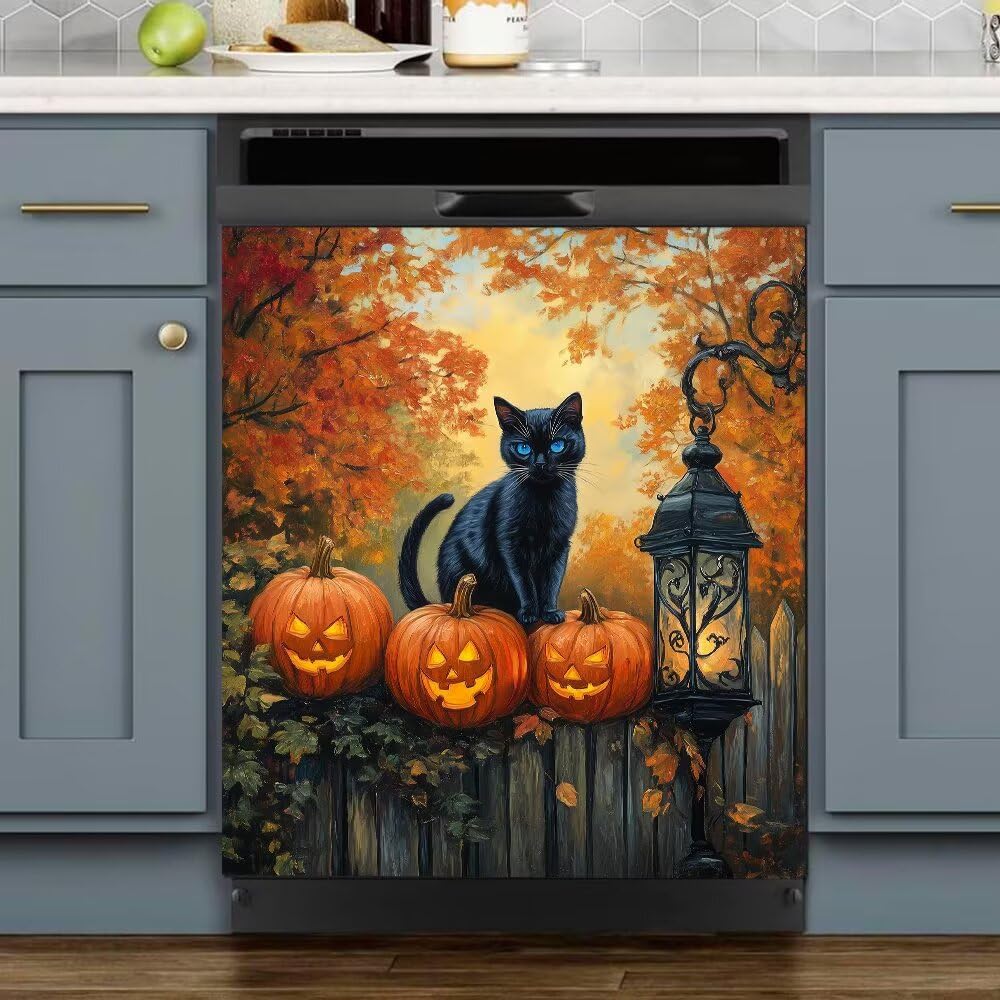 Halloween Black Cat Dishwasher Magnet Cover, Fall Garden Pumpkin Lantern Dish Washer Ccovers for The Front Magnetic Panel Decal, Refrigerator Magnets for Kitchen Decorative Sticker, 23"x26"