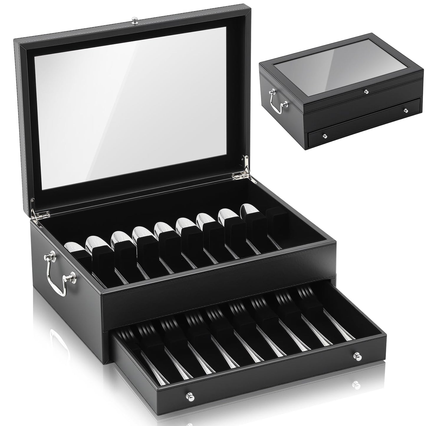 DoubleFill 2 Layer Leather Silverware Storage Box with Lid and Handles, Anti Tarnish Silverware Storage Chest Case with Felt-lined for 12-16 or More Sets of Utensils Flatware Gifts, 15.3x11.2x5.7 Inch