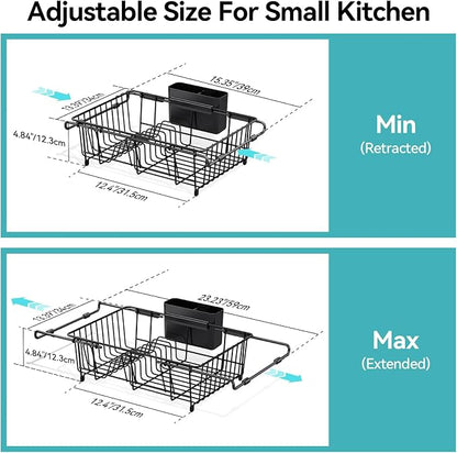 Urackify Dish Drying Rack in Sink, Stainless Steel Expandable Over the Sink Dish Rack with Utensil Holder & Cup Holder, Kitchen Drying Rack for Inside Sink, 15.35" x 11.02" x 4.84", Black
