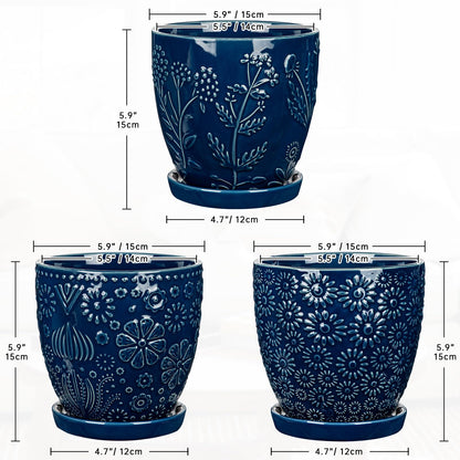 Hollyone Set of 3 Blue Ceramic Planter 6 Inch Flower Plant Pot with Drainage Hole and Saucer for Plants Embossed Indoor Outdoor Garden Embossed Ceramic Glazed Round Pot for Succulent Orchid