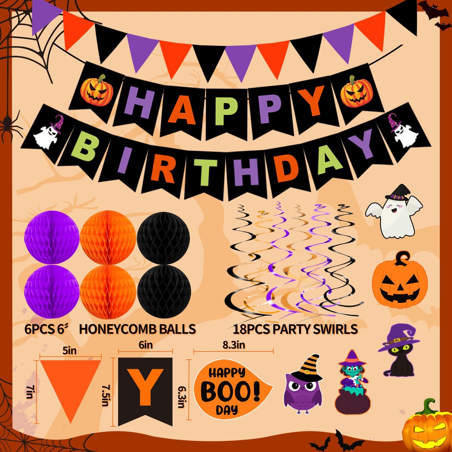 Halloween Birthday Party Decorations, 70PCs Halloween Birthday Decorations Set Including HAPPY BIRTHDAY Banner Bat Stickers Hanging Garland Swirl Streamers Purple Orange Black Balloons Honeycomb Ball