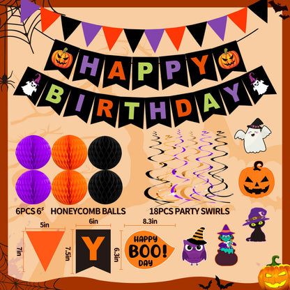 Halloween Birthday Party Decorations, 70PCs Halloween Birthday Decorations Set Including HAPPY BIRTHDAY Banner Bat Stickers Hanging Garland Swirl Streamers Purple Orange Black Balloons Honeycomb Ball