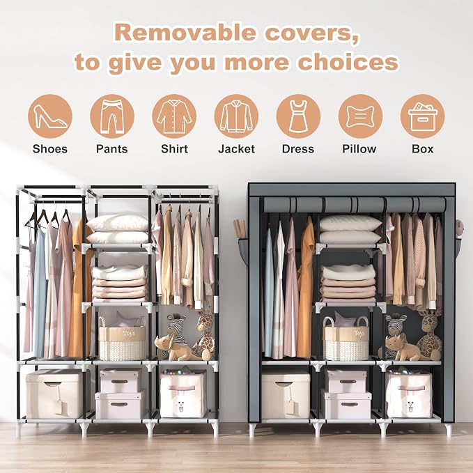 VTRIN Portable Closet Wardrobe for Hanging Clothes with 2 Hanging Rods and 8 Storage Organizer Shelves,Sturdy Large Wardrobe Closet for Bedroom Free Standing Clothes Rack with Cover,Grey