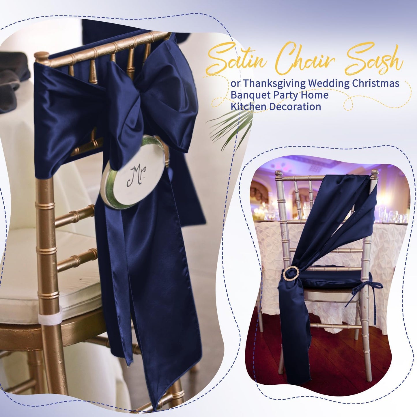 REWOMC 120 PCS Navy Blue Satin Chair Sashes, Ties Bows Designed Chairs Decorative, Chair Cover Sashes for Thanksgiving Wedding Christmas Banquet Party Home Kitchen Decoration (7 x 108 inch)