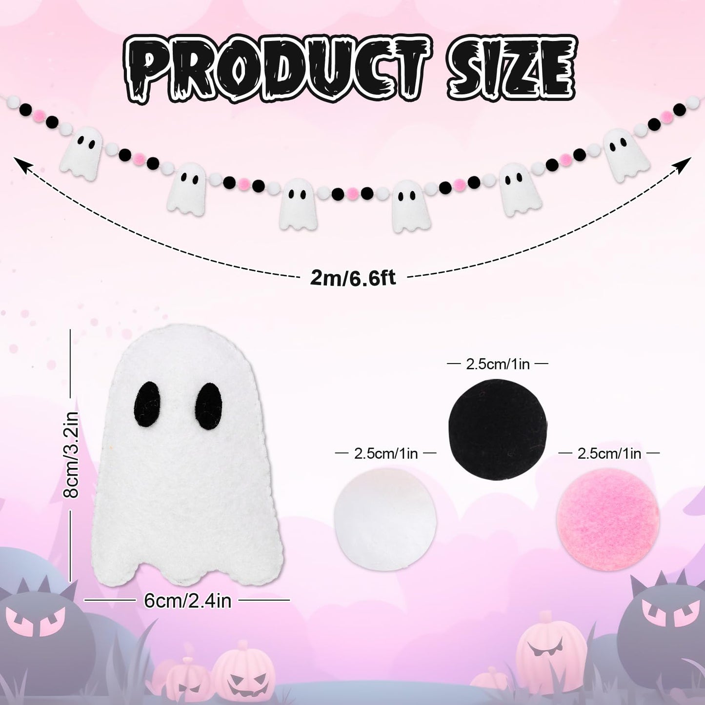 JarThenaAMCS Halloween Felt Banner White 3D Ghost Hanging Garland Black Pink White Pom Ball Banner for Trick or Treat Birthday Home Mantel Wall Window Party Supplies