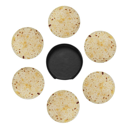Tortilla Coasters for Drinks Set of 6, Round Leather Coaster with Holder, Drink Coaster Sets for Home Bar Decor House Warming Gift