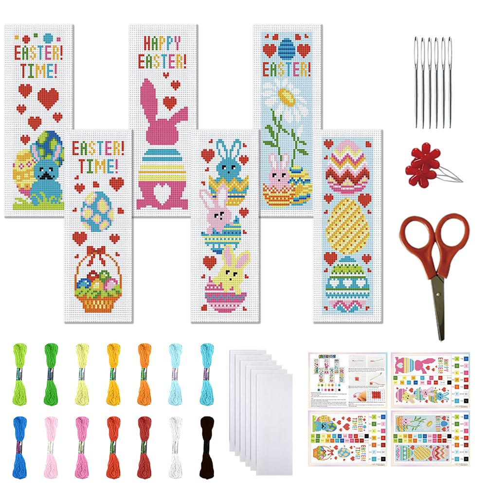 FREEBLOSS 6 Set Cross Stitch Bookmark Kit 11 CT Stamped Cross Stitch Kit DIY Embroidery Bookmark Kits for Adult Beginners with Instructions, Easter Bunny, 6 x 20 cm/8" x 2.4"