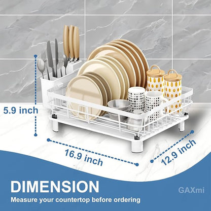 GAXmi Dish Drying Rack with Drainboard for Kitchen Countertop 1-Tier White | With utensil holder, Over the sink, Quick drainage, Space-saving, Large capacity