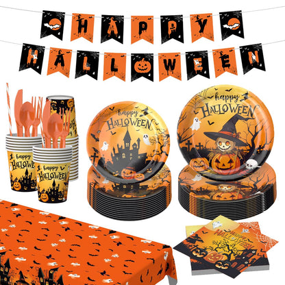 212Pcs Halloween Party Supplies Tableware Set for 24 Guests Disposable Pumpkin Ghost Themed Dinnerware Includes Paper Plates Napkins Cups Forks Knives Spoons Halloween Balloons, Banner & Tablecloth