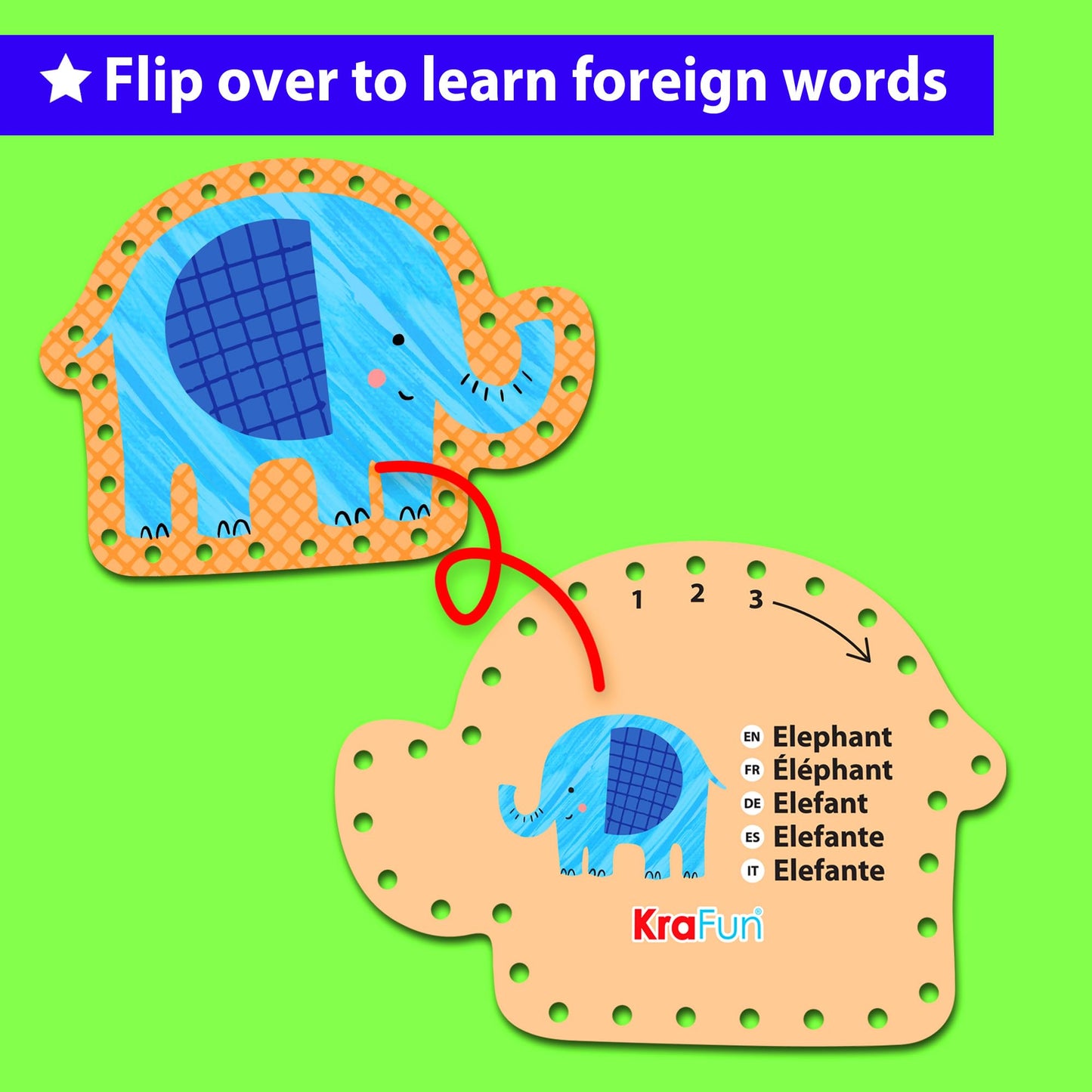 KRAFUN My First Lacing Cards Kit for Toddlers & Kids Age 3+, 5 Safari Animal Arts & Crafts Projects, Fine Motor Skills Toys, Beginner Activity Set with Lion Monkey Elephant Tiger Crocodile