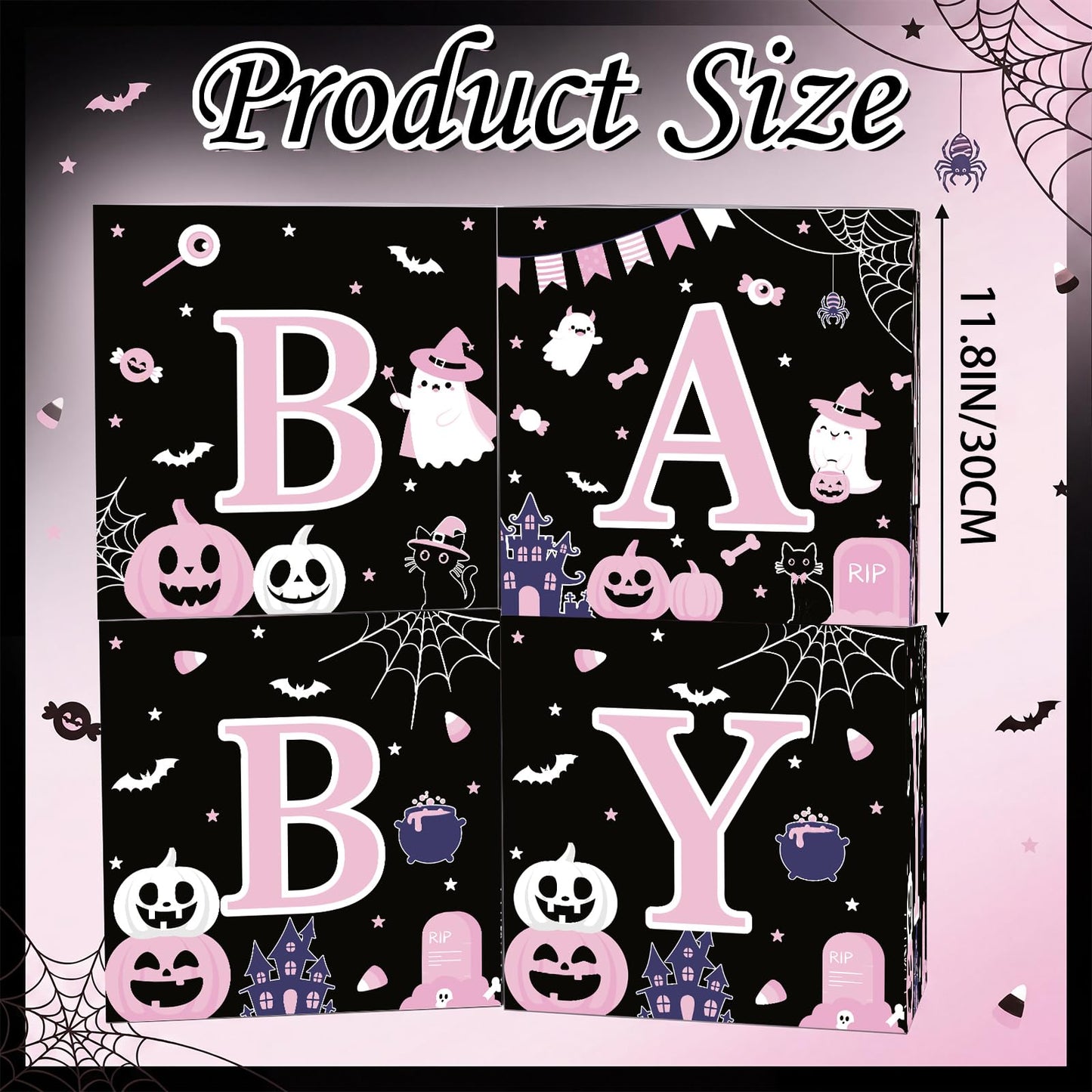 AmazingSpark 4 Pcs Pink Ghost Halloween Baby Shower Boxes with Letters Halloween A Little Boo Is Almost Due Candy Box Decor with Letters Blocks Baby Shower Centerpiece for Party Backdrop