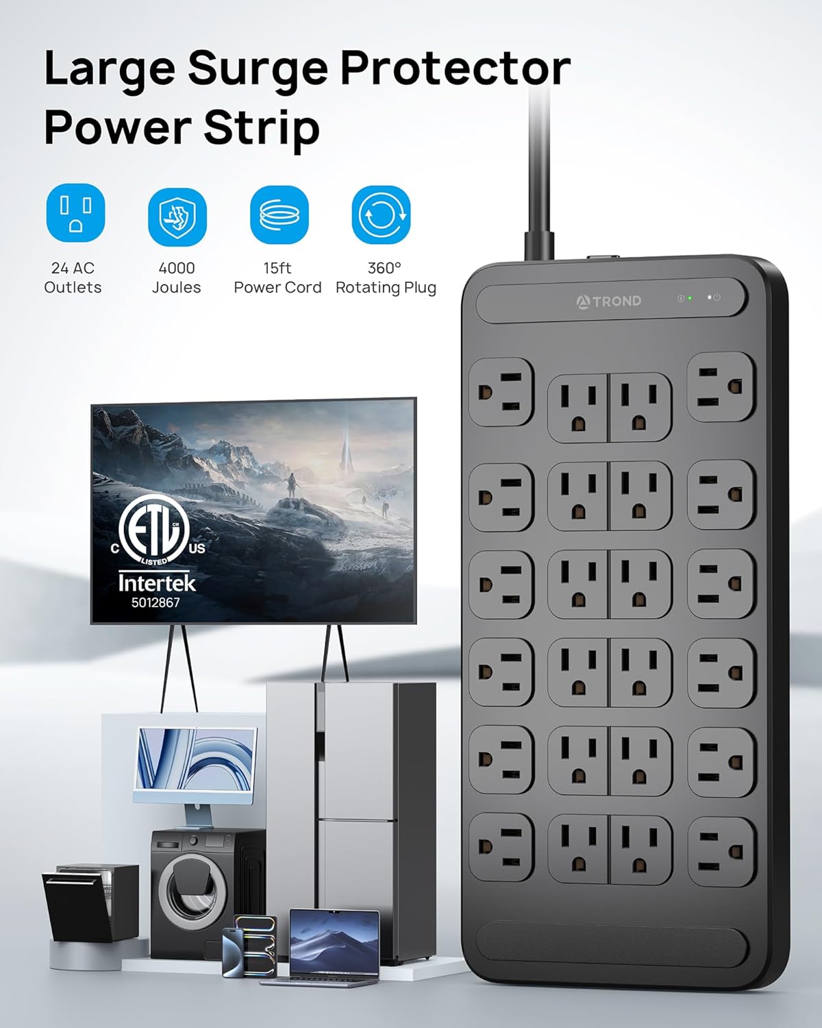 TROND Surge Protector Power Strip 360° Rotating Flat Plug, 24 AC Outlets, 4000 Joules, 15ft Heavy Duty Extension Cord 1875W, ETL Listed, Ideal for Gaming Office Home Dorm Room Essentials Black