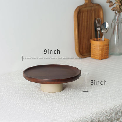 CEEFU 9 inch Rustic Acacia Wood Cake Stand - Natural Wooden Clay Wedding Cake Pedestal Serving Stand for Cupcake Dessert Bites Display in Party, Birthday, Beautiful Farmhouse Kitchen Decor
