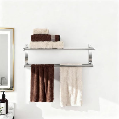 Towel Racks for Bathroom 24 inch, 2 Tier Bathroom Shelf with Double Towel Bar, Stainless Steel Wall Mounted Towel Rack with Shelf for Bathroom Towels Storage, Brushed Nickel