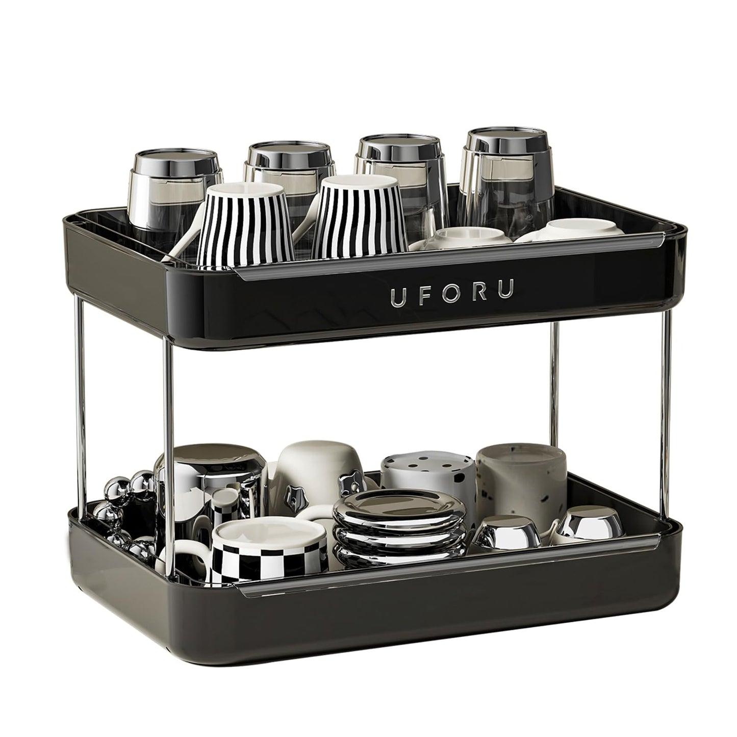 UFORU Countertop Coffee Station Organizer, 2 Tier Wine Glass Holder, Mug Display Shelf with Removable Drain Tray, Spice & condiment Rack for Kitchen, Bathroom Countertop Organizer, Black