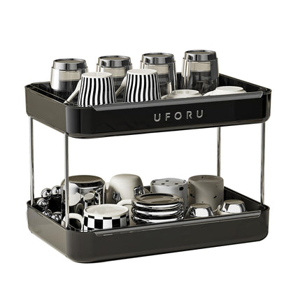 UFORU Countertop Coffee Station Organizer, 2 Tier Wine Glass Holder, Mug Display Shelf with Removable Drain Tray, Spice & condiment Rack for Kitchen, Bathroom Countertop Organizer, Black
