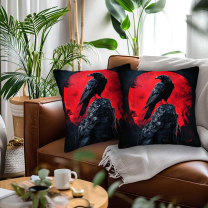 ZibZorp Raven Moon Pillow Covers 18x18 Set of 2 | Gothic Decorative Cushion Cases | Black Crow Red Moon Pillowcases | Halloween Dark Throw Covers for Sofa Living Room Bedroom Decor