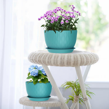 Meowell Large Plant Pots 12/10/9 inch, 3 Pack Big Flower Pots for Outdoor Indoor Plants with Water Ripples, Wide Plastic Planters with Drainage Holes and Saucers for Garden Home Decor, Blue Green