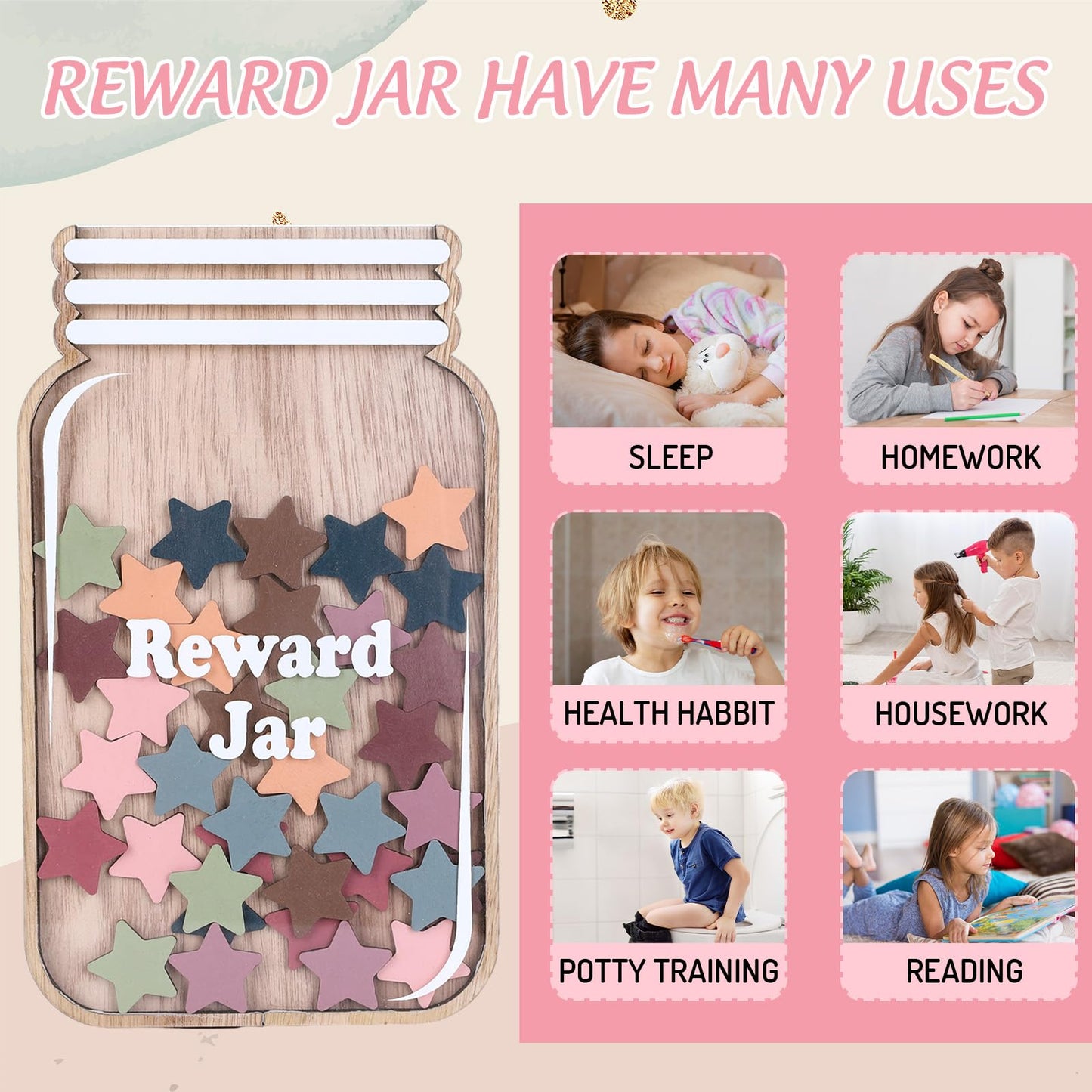 JarThenaAMCS Wooden Reward Jar for Kids Boho Stars Cutouts Positive Incentive Behavior Chart with Base Management Tools Decoration Reward System for Student Teacher School Classroom Supplies, 38Pcs
