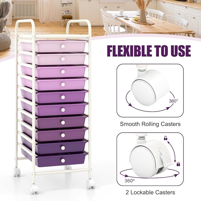 COSTWAY 10-Drawer Rolling Storage Cart, Utility Mobile Trolley with Removable Drawers & Universal Casters & 2 Brakes, Versatile Flexible Drawer Organizer Cart for Home, Office, Purple Gradient