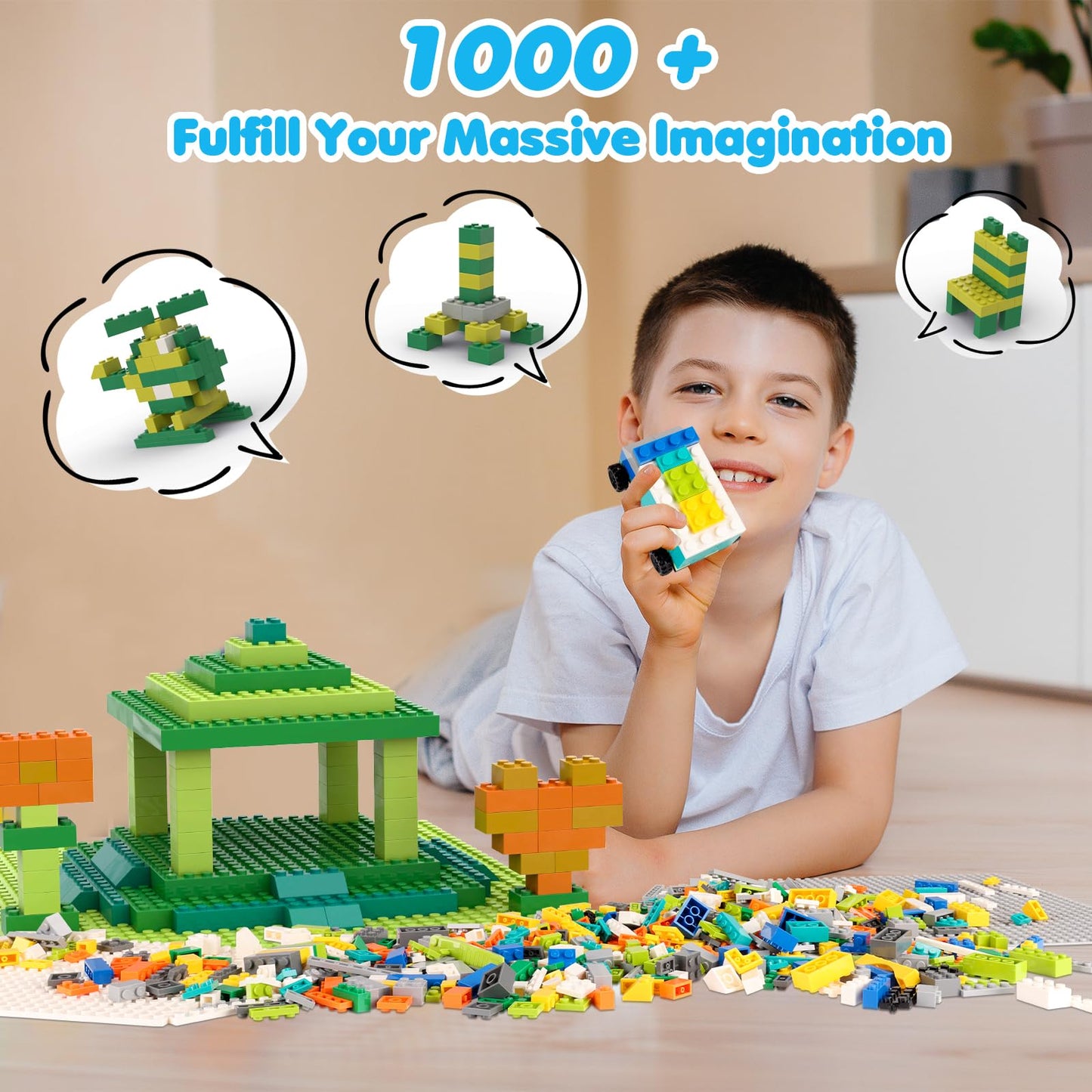 ekuzi 1200 Creative Building Blocks Set Compatible with Major Brands Classic, Includes Dual-Sided and Single-Sided Baseplates, Variety of Accessories to Spark Imagination (boy)