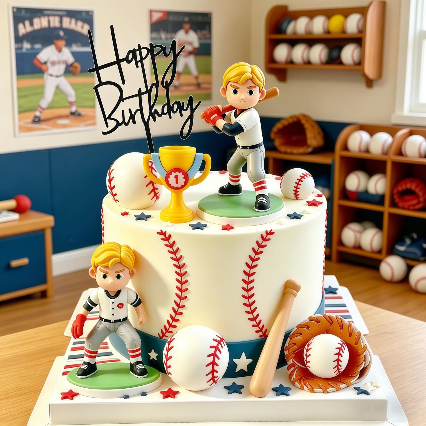 XLENGO 10 PCS Baseball Cake Toppers, Baseball Cake Decorations with Baseballs Player Trophy Gloves for Sport Theme Birthday Supplies