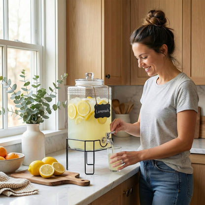 1.5 Gallon Glass Drink Dispenser, Drink Dispensers for Parties, Beverage Dispenser with Stand and Glass Lid, 100% Leakproof Spigot, Ideal for Lemonade, Juice, Iced Tea, Laundry Detergent