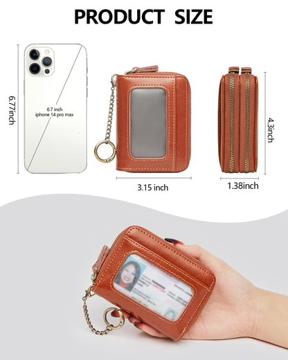 TFKGS Credit Card Holder for Women RFID Wallet Leather Womens Wallet with Zipper Blocking Keychain Card Accordion Wallets Gifts for Women Brown