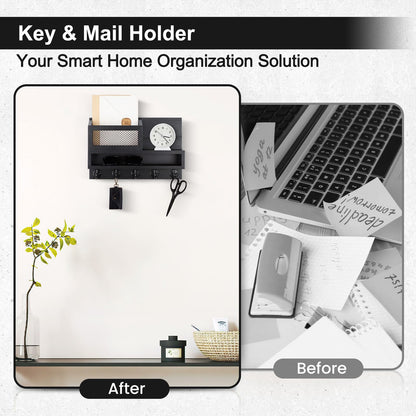 Lucundm Key and Mail Holder Wall Mount, Key Hanger with Long Storage Box and 5 Hooks for Coat, Dog Leash, Home Decor Rack, House Accessories, Entry Way Organizer 11.8”W x 7.8”H x 3.2”D