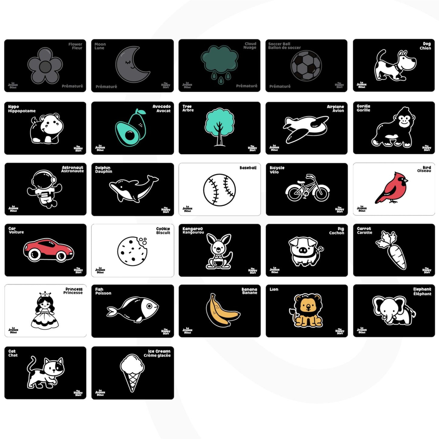 Happy Start High Contrast Baby Cards for Newborns - Black & White Cards, Water-Resistant, BPA-Free, Portable Educational Flashcards for Visual Stimulation, Award-Winning, Ages 0+(English & French)