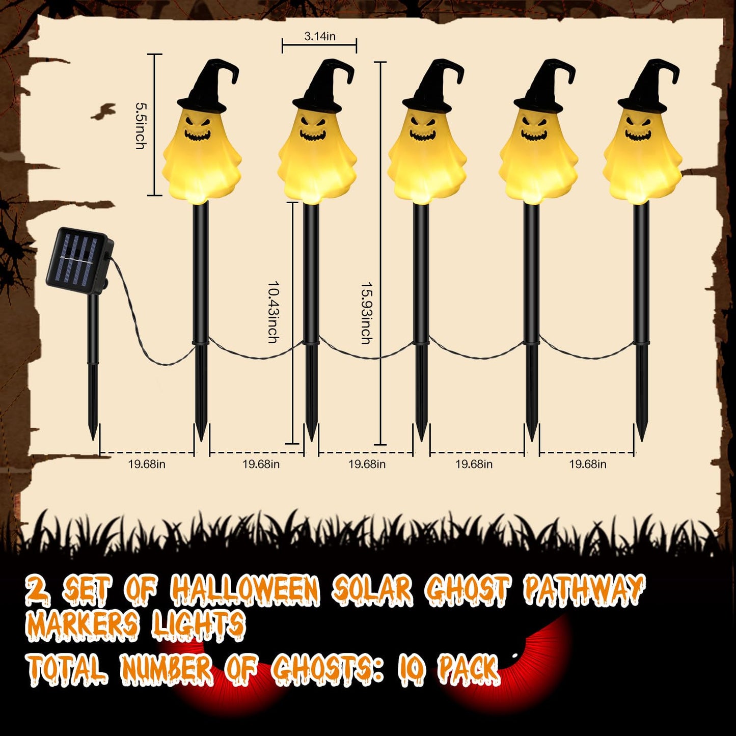 Threan 10 Pcs Halloween Pathway Light Decorations Solar Stake Lights LED White Light Decorative Solar Operated Stake String Lights IP44 Waterproof Outdoor for Yard Garden(Wizard Ghost)
