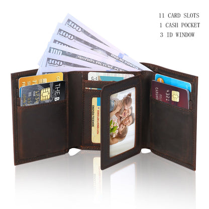 baotuiok Mens Trifold Crazy Horse Leather Wallet with 11 card Slots， Genuine Leather RFID Blocking Wallet for Men（brunet brown）