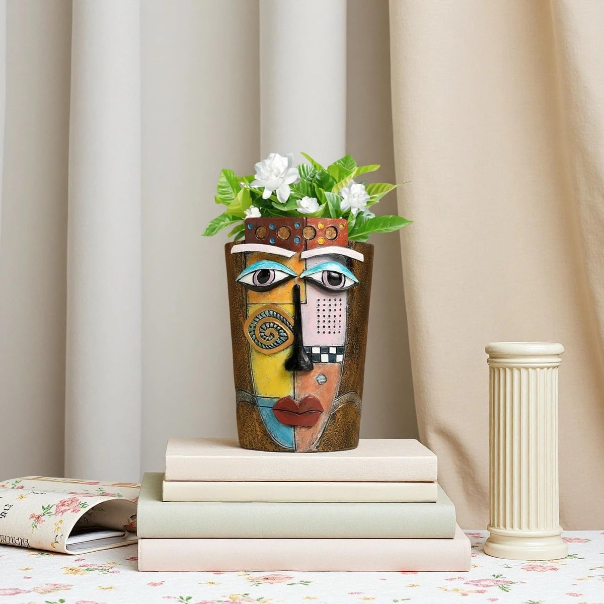 Yhupl Picasso Abstract Face Flower Pot,Plant Pot with Facial Expressions,Handmade Resin Plant Pot with Drainage Holes,for Indoor and Outdoor Botanical Home décor (Brown Small)