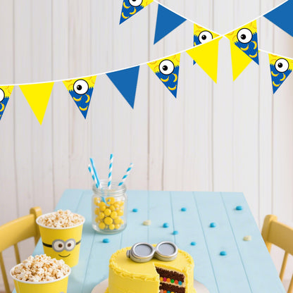 32Ft Yellow Blue Cartoon Party Decorations Blue Yellow Big Eyes Banana Triangle Flag Fabric Banner Pennant Garland Streamers for Cartoon Birthday Baby Shower Big Eyes Movie Party Decor Supplies