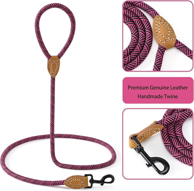Mile High Life Rope Leash with Genuine Leather Connection, 6 FT/5 FT/4 FT, Heavy Duty Leash for Medium & Large Dogs (Hot Pink, 60 Inch)