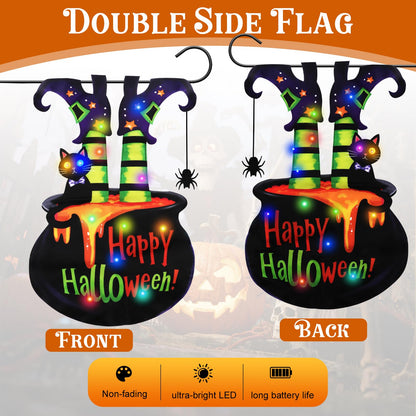 Neaonau Halloween Lighted Garden Flag for Outdoor 13 * 18 Inches Solar Witch Cauldron Flag with 8 Modes, Double Sided Halloween Decorations for Yards, Patios, Lawns, and Streets (Witch Feet)