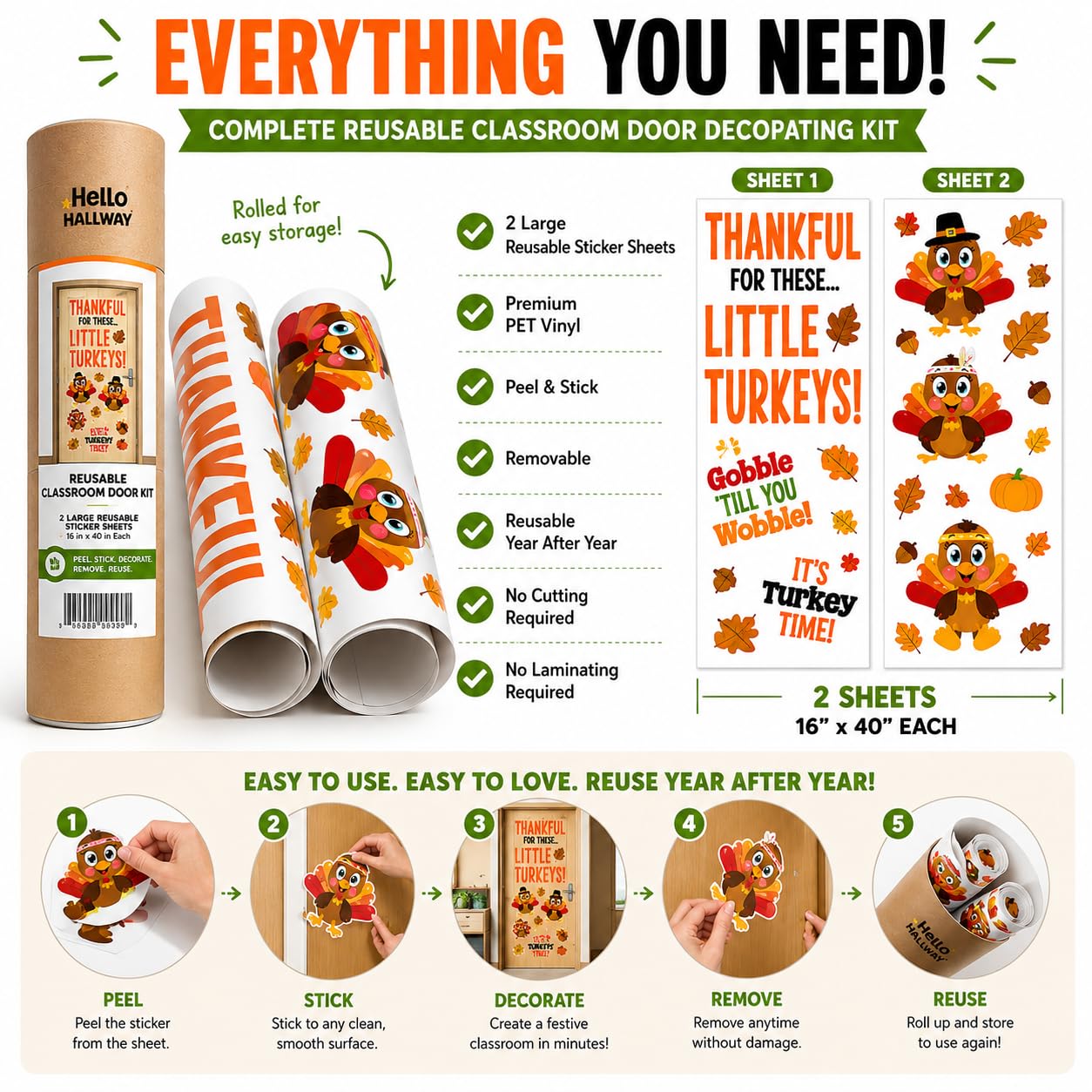 Hello Hallway Classroom Door Decorations for Teachers, Thanksgiving | Reusable Peel & Stick Door & Whiteboard Decor Kit | Preschool Pre-K Kindergarten Classroom Wall Decor
