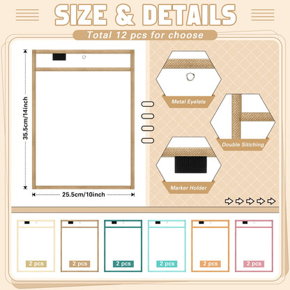 Watersay 24 Pcs Dry Erase Pocket Reusable Sleeves 10" x 14" Clear Plastic Sheet Protectors with Markers and Mini Dry Erasers for Paper(Boho)
