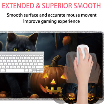 Large Gaming Mouse Pad + Mouse Wrist Rest Pad + Coaster Combination, 31.5 "x 11.8" Durable Non-Slip Extension Table Mat, Suitable for Office and Home, Halloween Black Cat