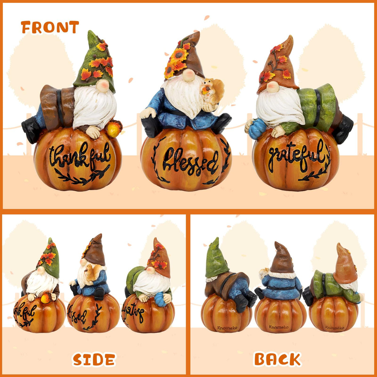KnomeKo Thanksgiving Gnomes Fall Decorations for Home, Fall Gnomes Resin Pumpkin Figurine Thanksgiving Table Decor, Autumn Garden Farmhouse Decor Fall Gifts